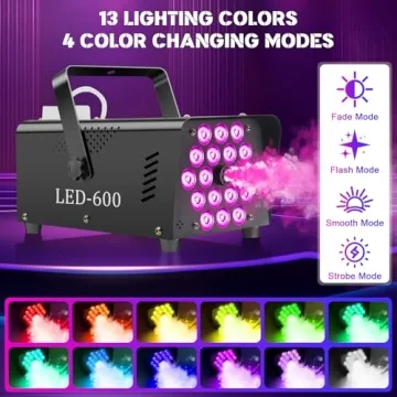 Fog Machine, 18 LED Lights 13 Colors, 2500CFM Fog, 600W Fast Preheating Smoke Machine, 4 Lighting Ef...