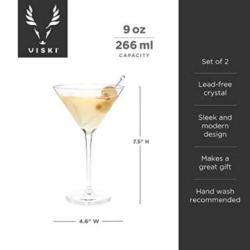 Viski Stemmed Martini Glasses, Home and Bar Drinkware, Premium Crystal Martini Accessories, Cocktail Glasses, Set of 2, 9oz, Clear