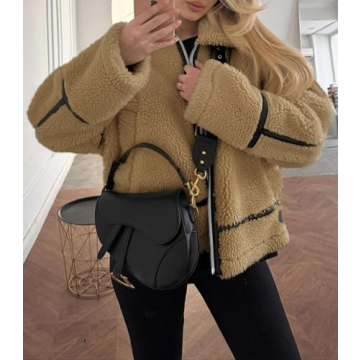 Tankaneo Womens Faux Fur Jackets Winter Trendy Sherpa Moto Leather Patchwork Zip Up Coat