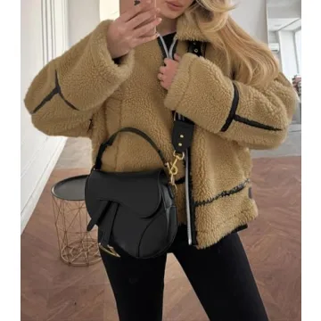 Tankaneo Womens Faux Fur Jackets Winter Trendy Sherpa Moto Leather Patchwork Zip Up Coat