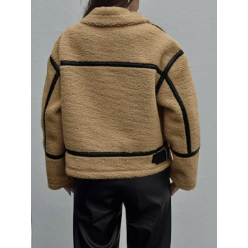 Tankaneo Womens Faux Fur Jackets Winter Trendy Sherpa Moto Leather Patchwork Zip Up Coat