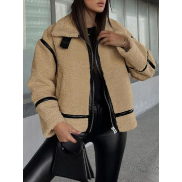 Tankaneo Womens Faux Fur Jackets Winter Trendy Sherpa Moto Leather Patchwork Zip Up Coat