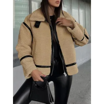 Tankaneo Womens Faux Fur Jackets Winter Trendy Sherpa Moto Leather Patchwork Zip Up Coat