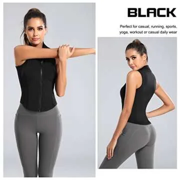 FEOYA Women's Slim Fit Athletic Tank Top - Sleeveless, Soft Nylon, Zip Up, Workout & Yoga, Lightweight, Black