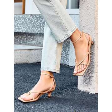 Coutgo Womens Strappy Low Kitten Heels Sandals Open Square Toe Flip Flop Summer Dress Party Shoes,Nu...