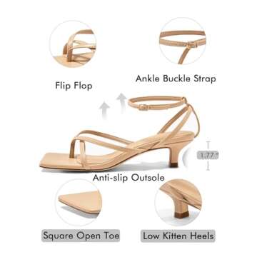 Coutgo Womens Strappy Low Kitten Heels Sandals Open Square Toe Flip Flop Summer Dress Party Shoes,Nude,size 8.5