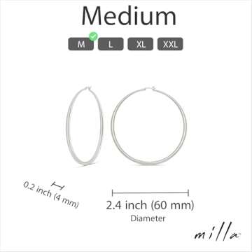 MILLA 14K Gold Hoop Earrings For Women, Silver Hoop Earrings & Rose Gold Earrings with Graduated Curvature (Silver Plated/Medium - 2.4 in)