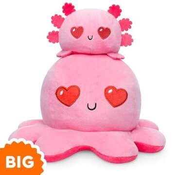 TeeTurtle - Original Reversible Big Octopus Plushie - Pink Heart Eyes + Fire Eyes - Huggable and Sof...