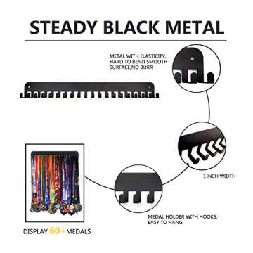Goutoports Medal Display Hanger - Sport Award Plaques Holder Rack for Wall Mount - Black Steel Metal Holder With 20 Hooks Hold Up 60 Medals Easy to Install