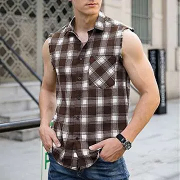LOGEEYAR Men Plaid Sleeveless Shirt - Casual Flannel Button Down Shirts Vest Coffee
