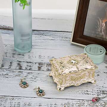 Hipiwe Vintage Jewelry Box, Small Enameled Trinket Box Organizer Rectangular Treasure Chest Box Jewe...