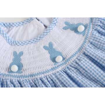 Lil cactus Blue Gingham Pom Pom Bunny Smocked Bishop Dress, 4T