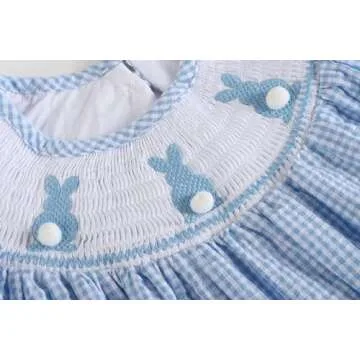 Lil cactus Blue Gingham Pom Pom Bunny Smocked Bishop Dress, 4T