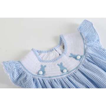 Lil cactus Blue Gingham Pom Pom Bunny Smocked Bishop Dress, 4T