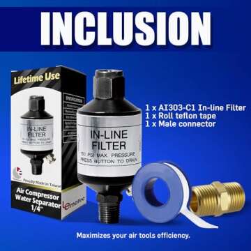 LE LEMATEC Air Compressor Water Separator, Compressed Air Dryer with Drain Valve, Inline Moisture Filter for HVLP Spray Paint Gun, Sand Blaster, Plasma Cutter & Other Air Tools (AI303-C1)