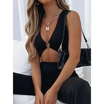 Crop Tops for Women Sleeveless Deep V Neck Crop Top (US,4-6)