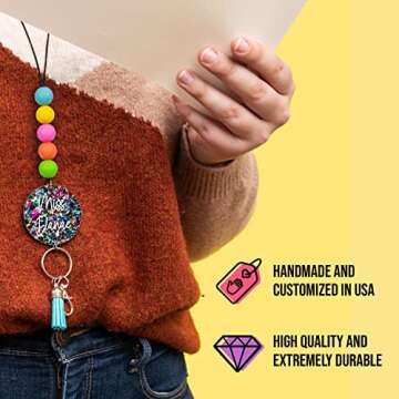 By the Graces Handmade Personalized Teacher Lanyard for Badges and Keys | Durable Beaded Lanyard with Breakaway Clasp & Name | Scratch Resistant Name Tag | Cute Teacher Lanyard | Sparkly Lanyard