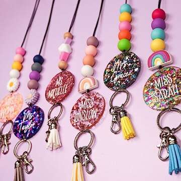 By the Graces Handmade Personalized Teacher Lanyard for Badges and Keys | Durable Beaded Lanyard with Breakaway Clasp & Name | Scratch Resistant Name Tag | Cute Teacher Lanyard | Sparkly Lanyard