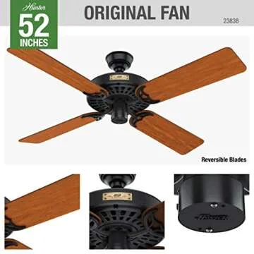 Hunter Fan Company 23838 Hunter Original Indoor, Outdoor Ceiling Fan with Pull Chain Control, 52", Black