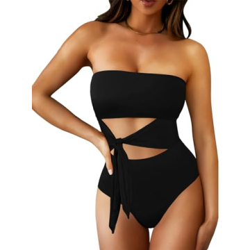 Pink Queen Women Bandeau One Piece Swimsuit Removable Strap Cutout High Waist Bathing Suit Monokini ...