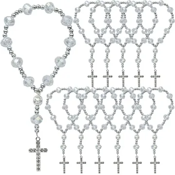 12 PCS WE Clear Crystal Rosary Bracelet with Rhinestone Cross - Perfect for Baptism, Wedding, First ...