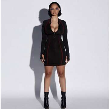 XLLAIS Cotton Cute Summer Dresses for Women Beach Sexy Zip Up Mini Bodycon with Sleeve (Black, s)