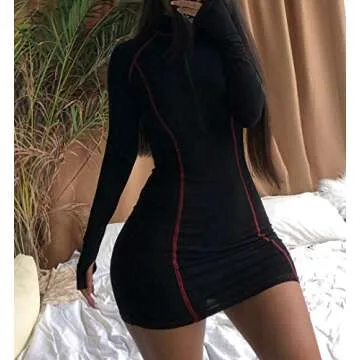 XLLAIS Cotton Cute Summer Dresses for Women Beach Sexy Zip Up Mini Bodycon with Sleeve (Black, s)