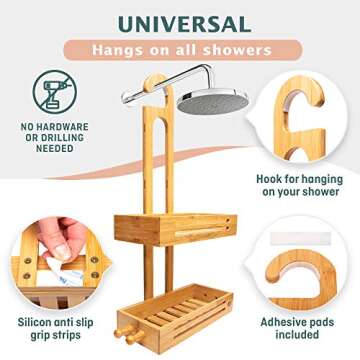 Bamboo Hanging Shower Caddy Rustproof Made from Natural Bamboo 2 Level Storage Organizer Waterproof & Anti Stain - Over The Shower Head Caddy 27" x 15" x 7"