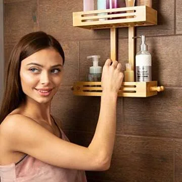 Bamboo Hanging Shower Caddy Rustproof Made from Natural Bamboo 2 Level Storage Organizer Waterproof & Anti Stain - Over The Shower Head Caddy 27" x 15" x 7"