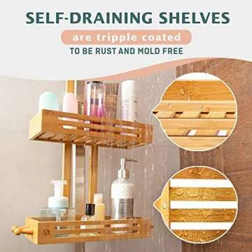 Bamboo Hanging Shower Caddy Rustproof Made from Natural Bamboo 2 Level Storage Organizer Waterproof & Anti Stain - Over The Shower Head Caddy 27" x 15" x 7"