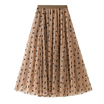 Dirholl Women's A-Line Fairy Elastic Waist Midi Skirt in Khaki