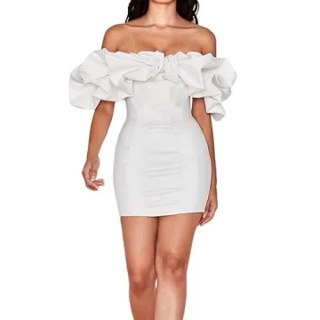 Argeousgor Off Shoulder Puff Sleeve Mini Dress for Women