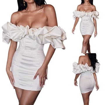 Argeousgor Off Shoulder Puff Sleeve Mini Dress for Women