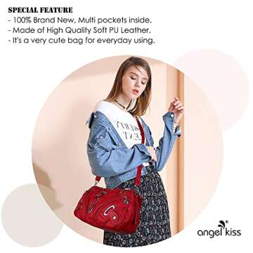 Angelkiss Women Multiple Pockets Purses and Handbags Washed Leather, Two Top Zippers Closure, Red