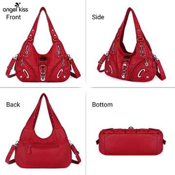 Angelkiss Women Multiple Pockets Purses and Handbags Washed Leather, Two Top Zippers Closure, Red