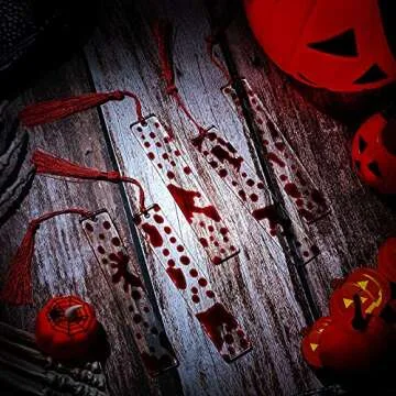 Tenare 5 Pieces Blood Bookmark Halloween Theme Blood Splatter Art Page Marker Bloodstain Bookmark Handmade Ideal Trick or Treat Present for Friends, Kids, Students, Teacher