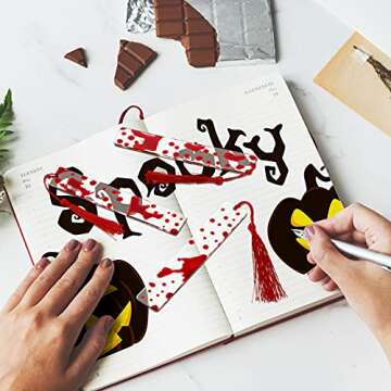 Tenare 5 Pieces Blood Bookmark Halloween Theme Blood Splatter Art Page Marker Bloodstain Bookmark Handmade Ideal Trick or Treat Present for Friends, Kids, Students, Teacher