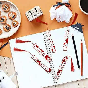 Tenare 5 Pieces Blood Bookmark Halloween Theme Blood Splatter Art Page Marker Bloodstain Bookmark Handmade Ideal Trick or Treat Present for Friends, Kids, Students, Teacher