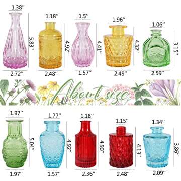 BIGIVACA Set of 10 Glass Bud Vases,Small Vases for Flowers,Colorful Single Bud Vases in Bulk,Mini Decor Rustic Vases for Centerpieces,Vintage Glass Bottles for Wedding, Home,Table Decoration