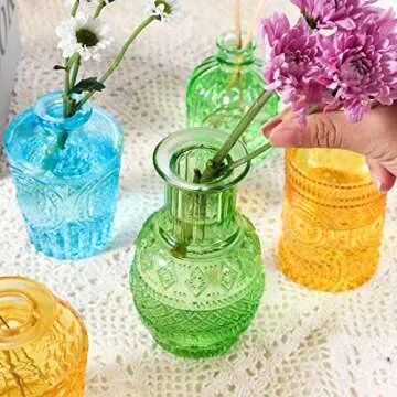 BIGIVACA Set of 10 Glass Bud Vases,Small Vases for Flowers,Colorful Single Bud Vases in Bulk,Mini Decor Rustic Vases for Centerpieces,Vintage Glass Bottles for Wedding, Home,Table Decoration