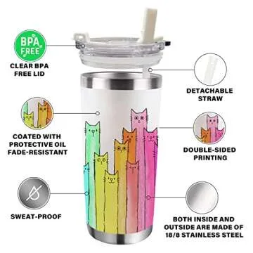 Zzkol Cat Gifts for Cat Lovers - Tumbler with Lid and Straw, Funny Birthday Gifts, Colorful Drawing Cats Stainless Steel Travel Coffee Cup, 20oz Double Wall Vacuum Insulated Mug