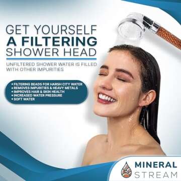 Filtered Shower Head with Handled by MineralStream, High Pressure Water Saving Showerhead with Filter Beads for Hard Water with Rainfall, Jet and Massage settings