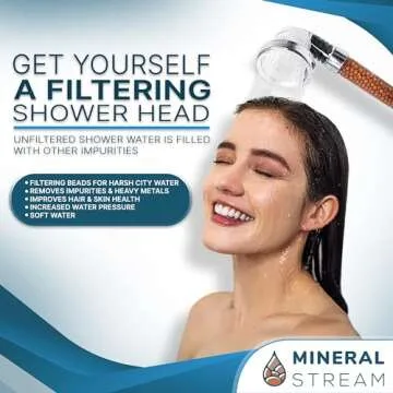Filtered Shower Head with Handled by MineralStream, High Pressure Water Saving Showerhead with Filter Beads for Hard Water with Rainfall, Jet and Massage settings