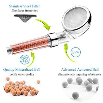Filtered Shower Head with Handled by MineralStream, High Pressure Water Saving Showerhead with Filter Beads for Hard Water with Rainfall, Jet and Massage settings