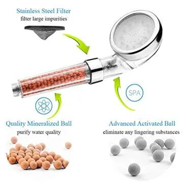 Filtered Shower Head with Handled by MineralStream, High Pressure Water Saving Showerhead with Filter Beads for Hard Water with Rainfall, Jet and Massage settings