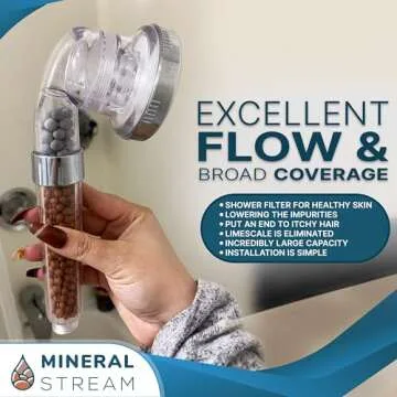 Filtered Shower Head with Handled by MineralStream, High Pressure Water Saving Showerhead with Filter Beads for Hard Water with Rainfall, Jet and Massage settings