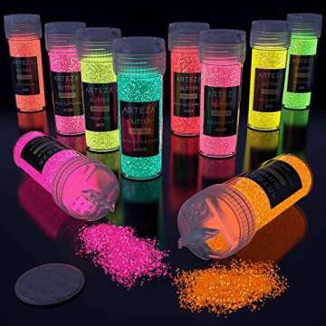Arteza Fine Glitter, Set of 54 Colors, Shaker Jars (0.34oz/9.6 g) Glow Under UV Black Light, Extra F...
