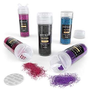 Arteza Fine Glitter, Set of 54 Colors, Shaker Jars (0.34oz/9.6 g) Glow Under UV Black Light, Extra Fine, Art Supplies for DIY Crafts