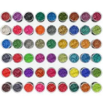 Arteza Fine Glitter, Set of 54 Colors, Shaker Jars (0.34oz/9.6 g) Glow Under UV Black Light, Extra Fine, Art Supplies for DIY Crafts