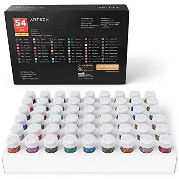 Arteza Fine Glitter, Set of 54 Colors, Shaker Jars (0.34oz/9.6 g) Glow Under UV Black Light, Extra Fine, Art Supplies for DIY Crafts